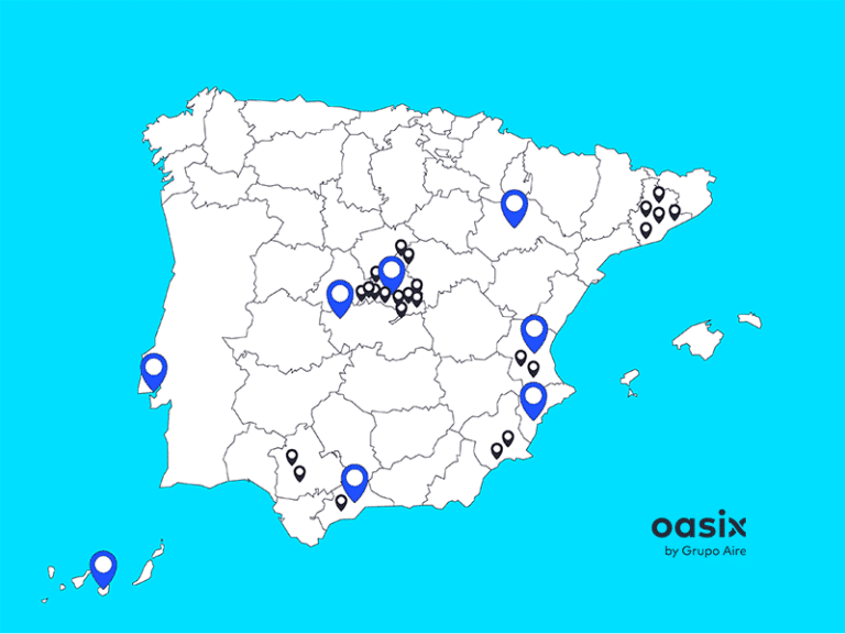 mapa de España con los centros de datos de proximidad de grupo aire oasix